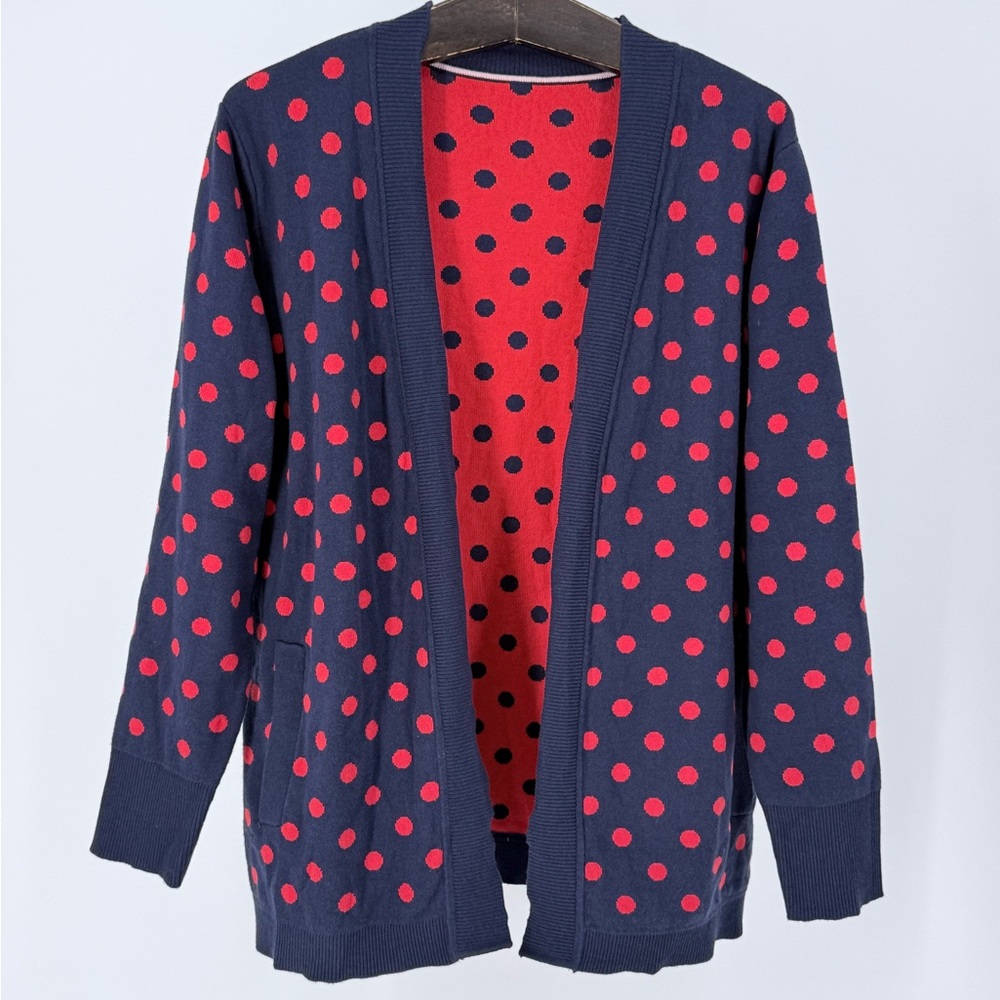 QVC Navy & Red Polka Dot Cardigan Parisian Retro Chic Open Front Sweater L